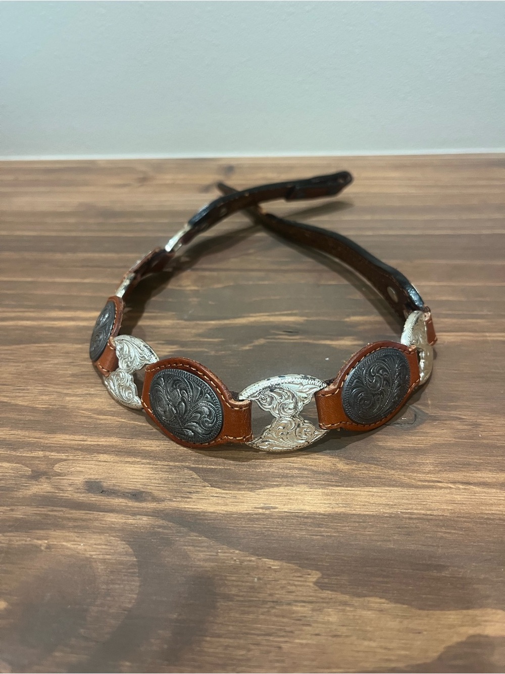 M&F Vintage Brown Leather and Silver Concho Belt Made in Mexico Sz 26